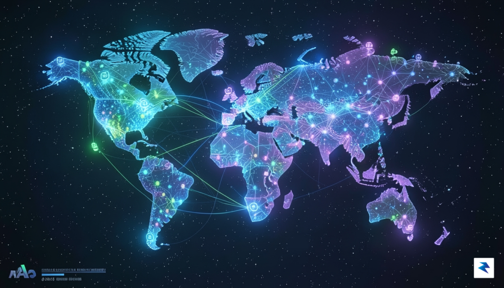 A conceptual digital landscape showing glowing, interconnected nodes of light…