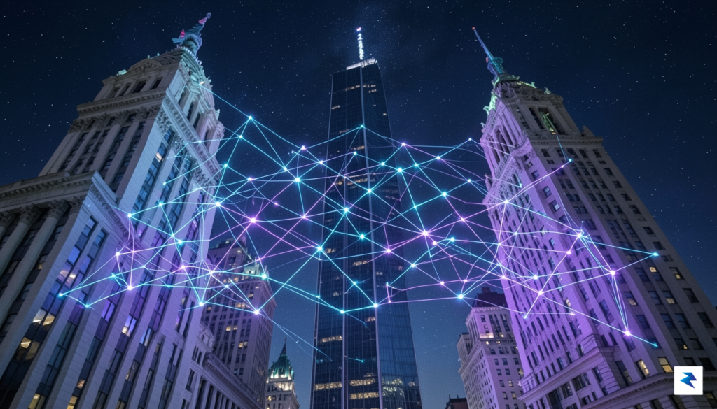 A conceptual digital visualization of a modern, glowing blockchain network&hellip;