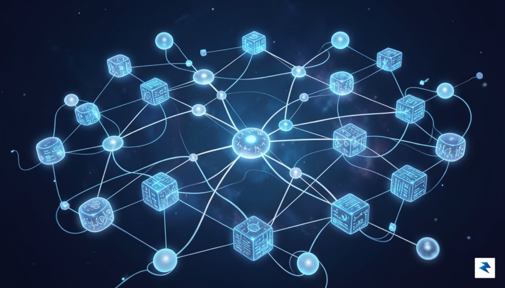 A conceptual digital illustration showing a complex web of glowing,&hellip;