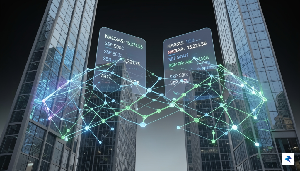 An abstract, professional 3D render of a glowing digital blockchain&hellip;