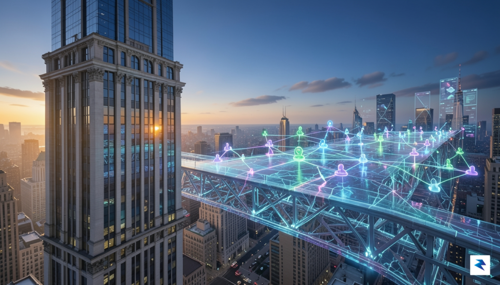 A sophisticated, high-tech conceptual illustration showing a digital bridge connecting&hellip;