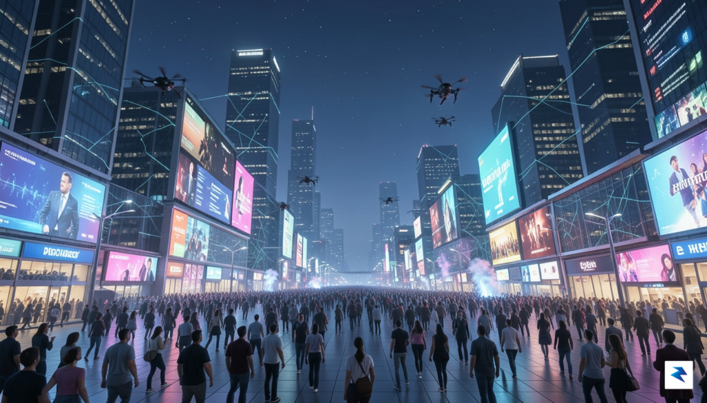 A wide-angle, cinematic shot of a futuristic urban plaza during…