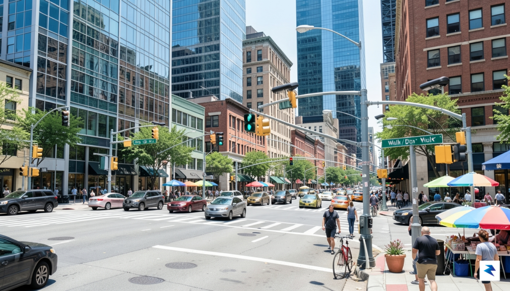 A wide-angle street-level view of a bustling city intersection in…