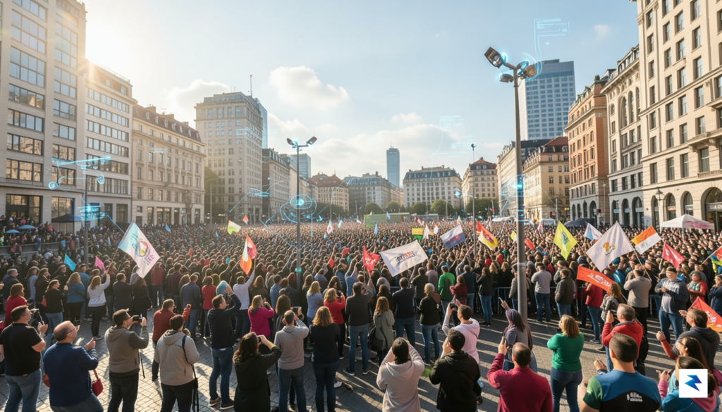 A wide-angle shot of a bustling city square during a…