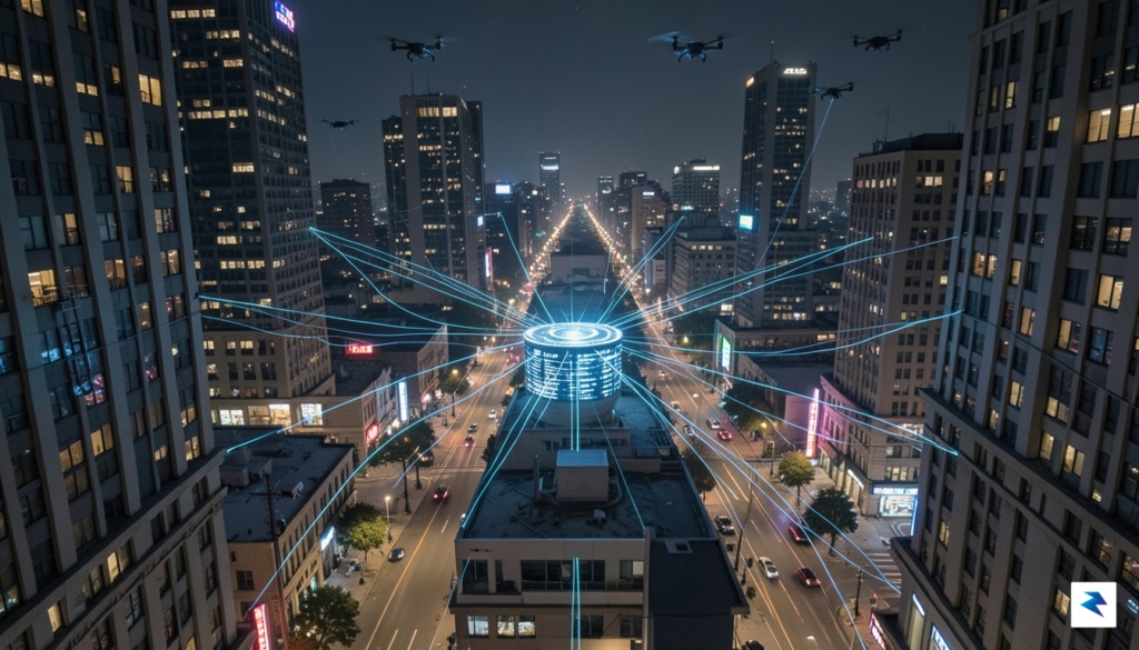 A cityscape at night with illuminated digital lines connecting various…