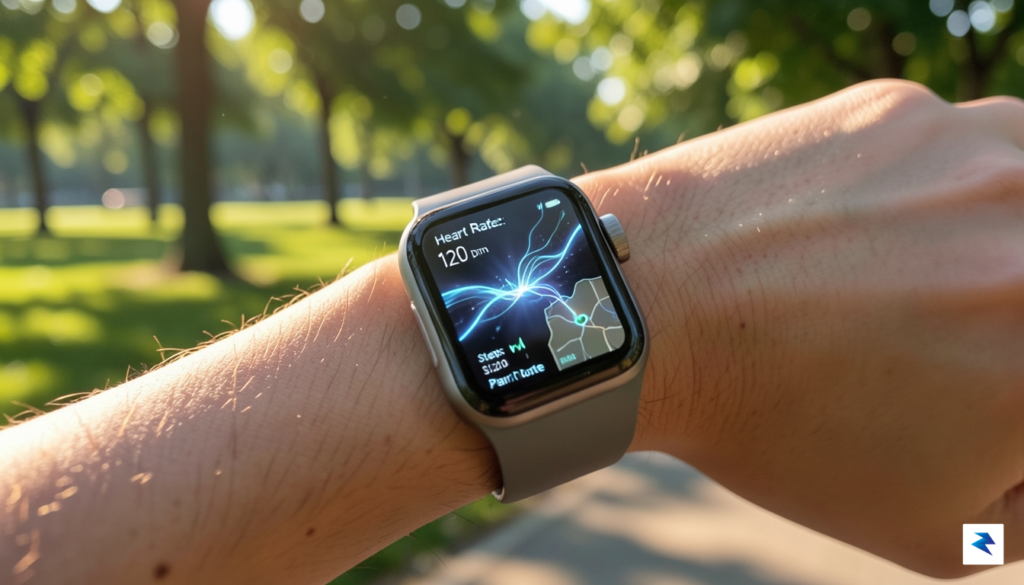 A close-up shot of an Apple Watch face showing a…