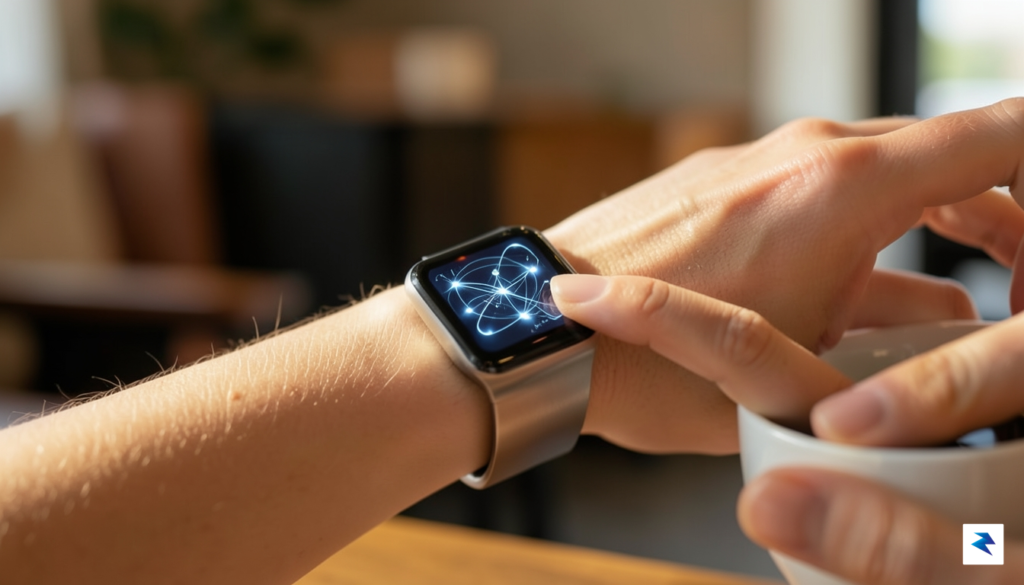 A close-up shot of a person's wrist wearing an Apple…