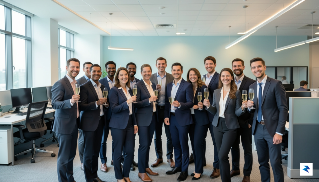 A diverse group of smiling professionals in a modern office&hellip;