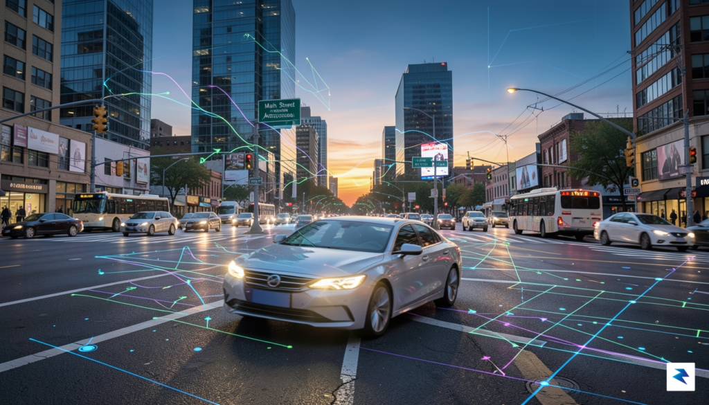 A digital visualization of a car driving through a complex&hellip;