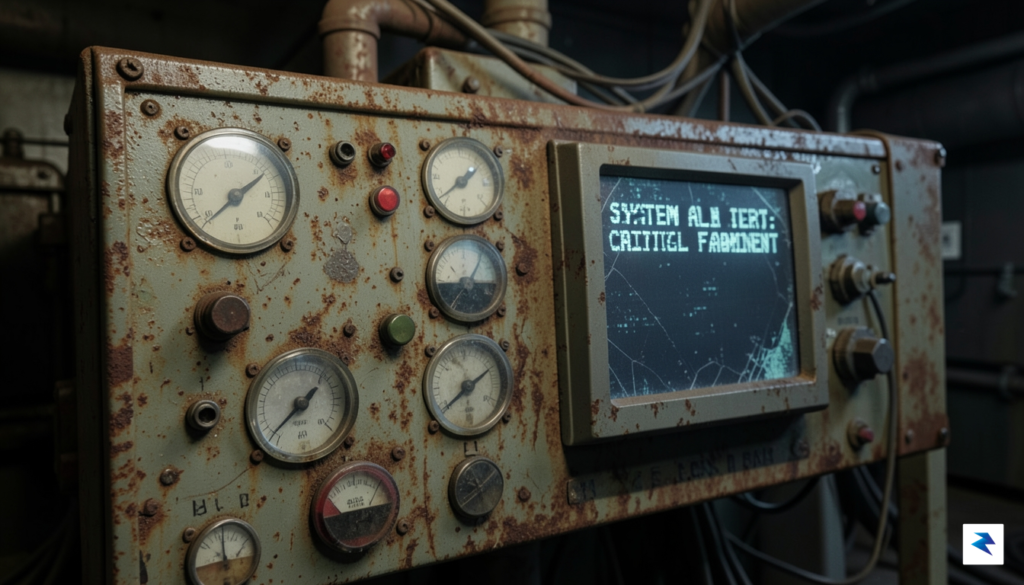 A close-up, high-contrast shot of an aging, rusted industrial control&hellip;