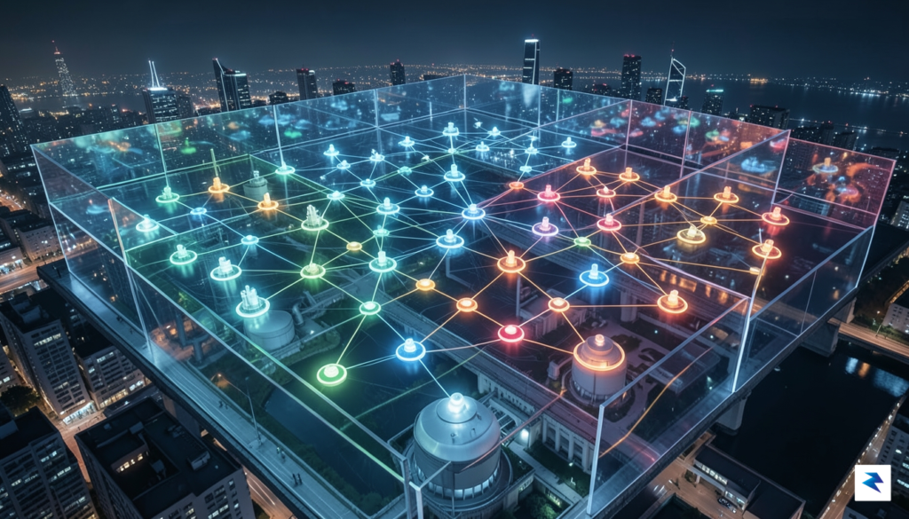 A conceptual digital illustration showing a secure, segmented network map&hellip;