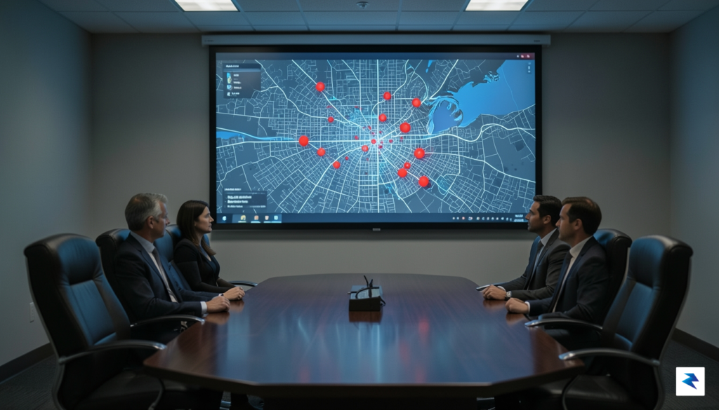 A dimly lit conference room with a large screen displaying&hellip;