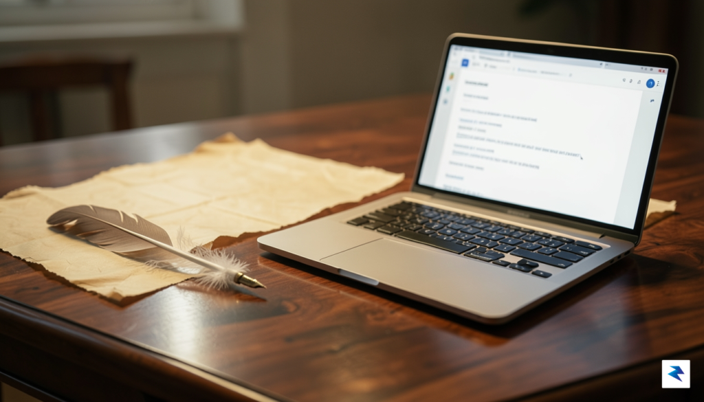 A cinematic, high-resolution shot of a quill resting on a…