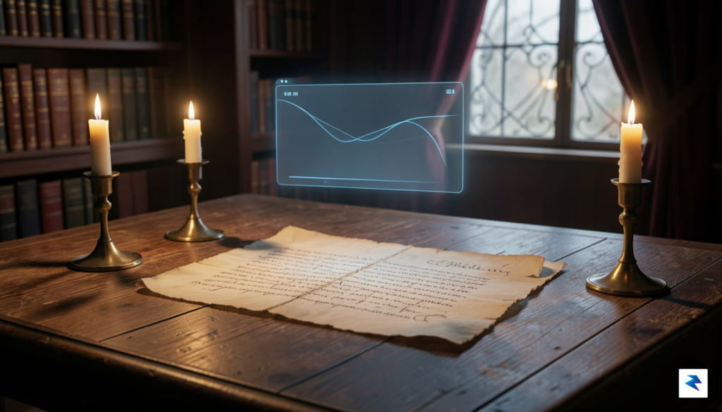 A cinematic, high-resolution shot of an antique parchment document resting…