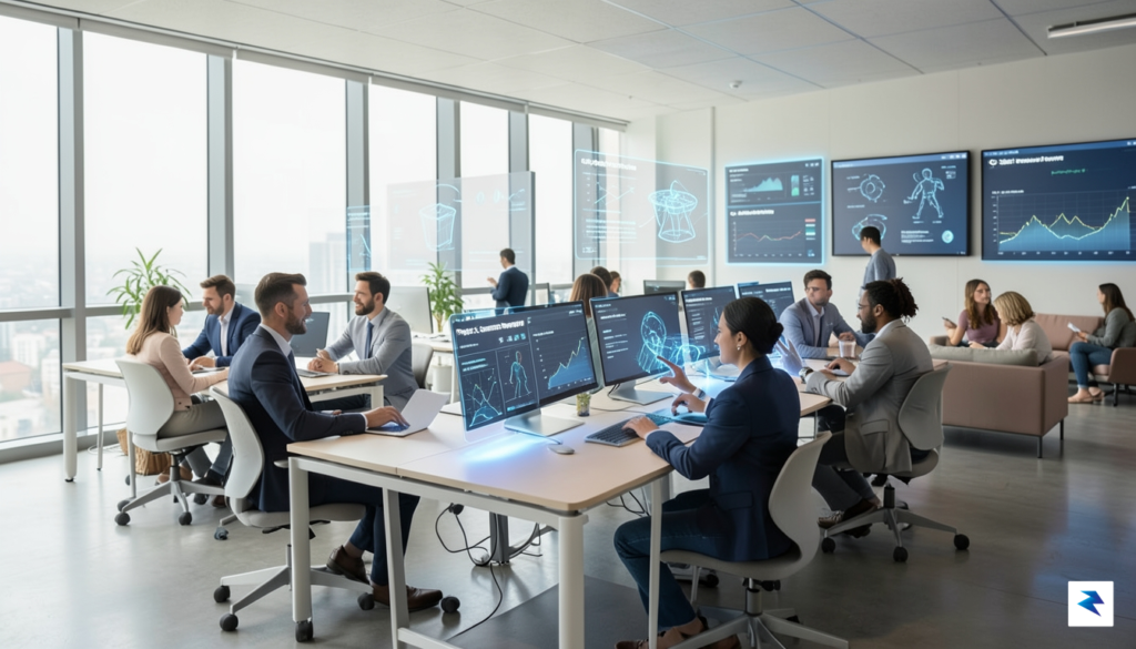 A diverse team of professionals collaborating in a modern, open-plan…