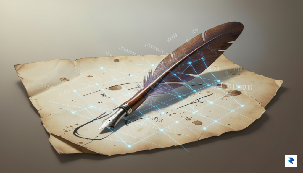 A conceptual illustration showing a quill pen resting on a…