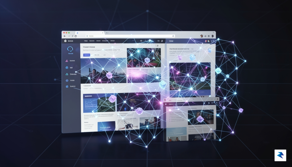 A conceptual digital visualization showing a web browser interface interacting&hellip;