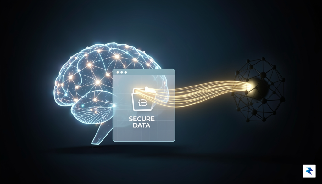A conceptual digital illustration showing a glowing AI brain interface&hellip;