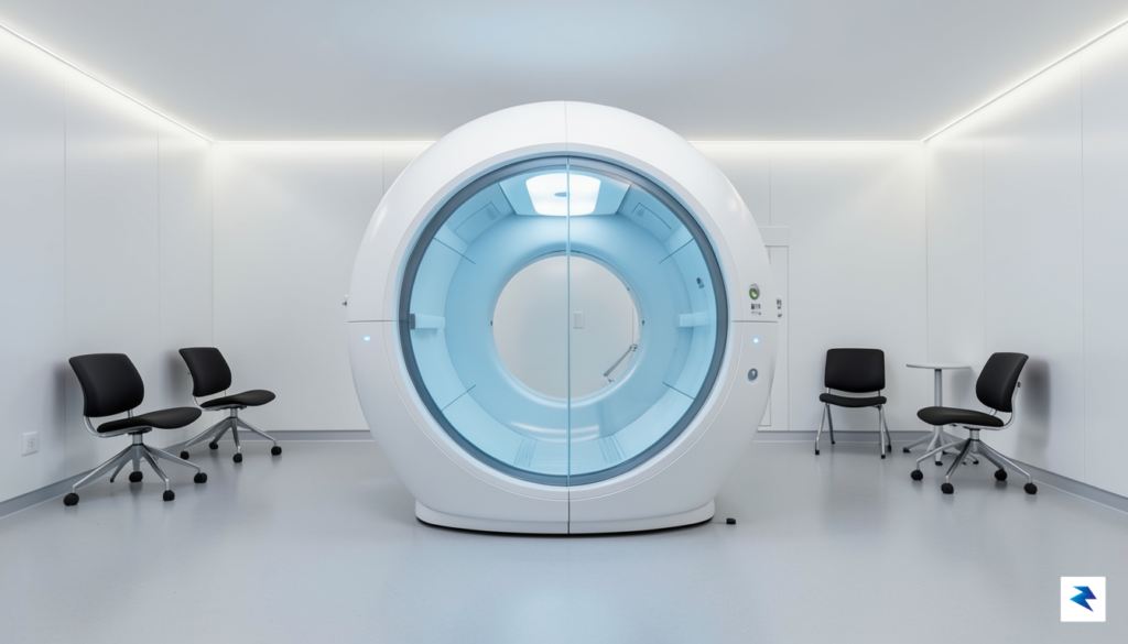 A sleek, minimalist medical suite featuring a circular, high-tech scanning&hellip;