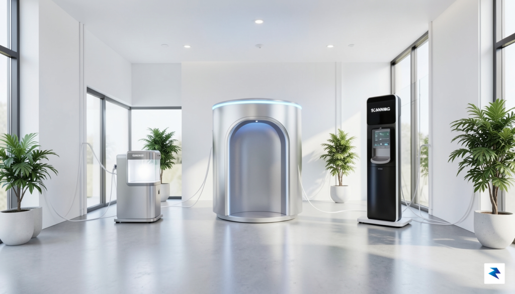 A sleek, minimalist medical diagnostic suite featuring high-tech body scanning&hellip;