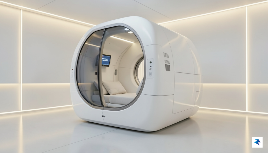 A sleek, modern medical scanning pod in a minimalist, bright,&hellip;