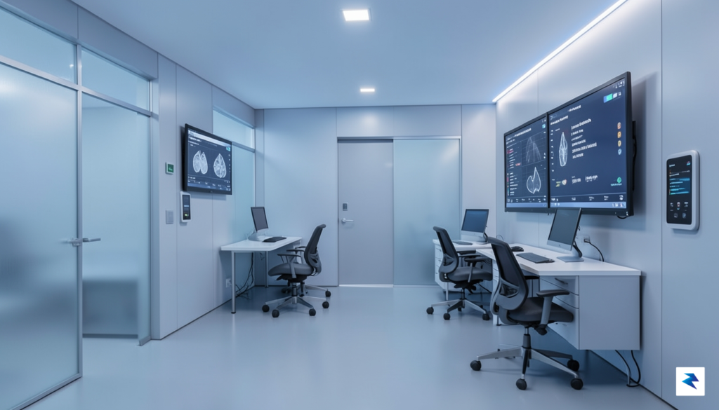 A sleek, minimalist medical data center interior with soft blue&hellip;