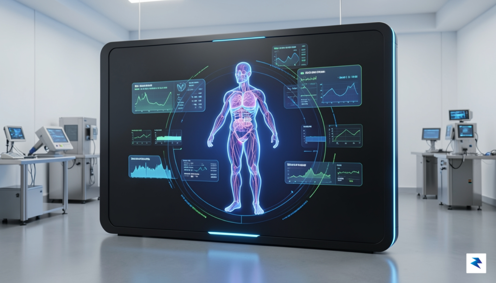 A sleek, high-tech interface displaying a complex, glowing digital 3D&hellip;
