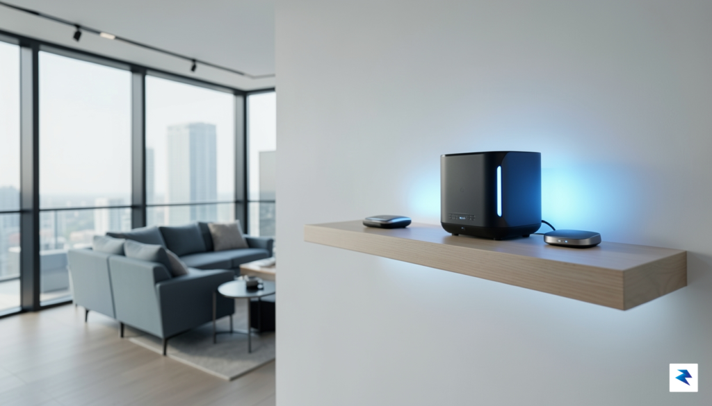 A sleek, modern smart home living room setup with a…
