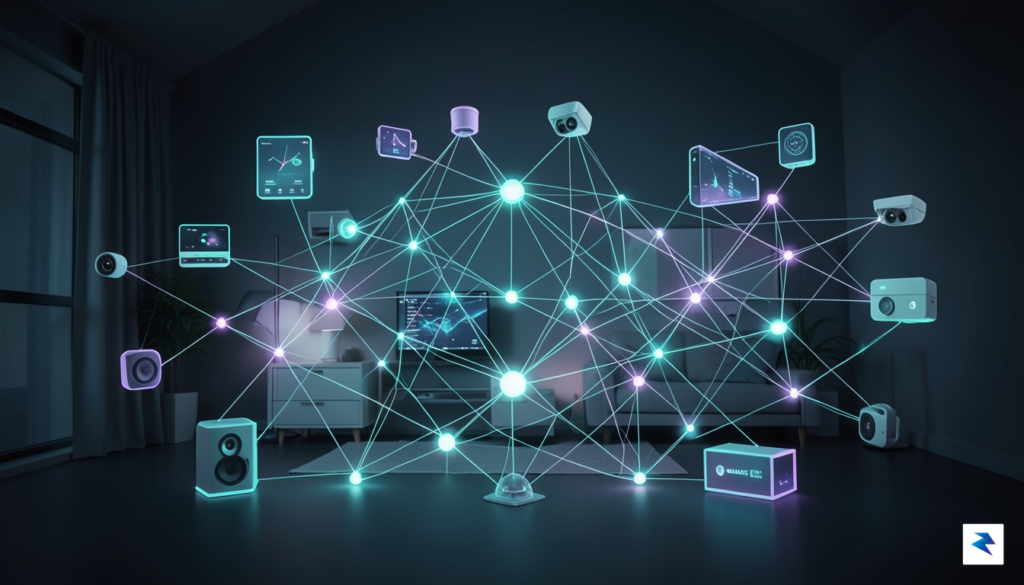 A sleek, futuristic digital representation of a mesh network showing…