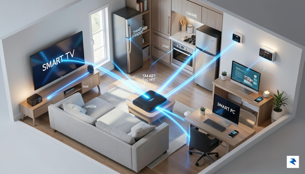 A 3D isometric visualization showing a central Wi-Fi router emitting…