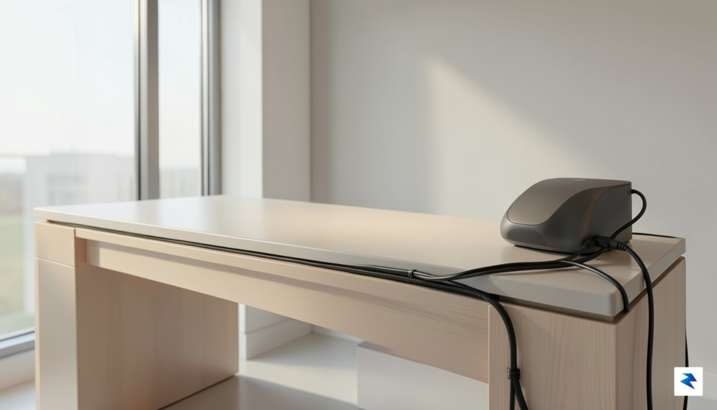 A modern, minimalist home office setup showing a clean cable…