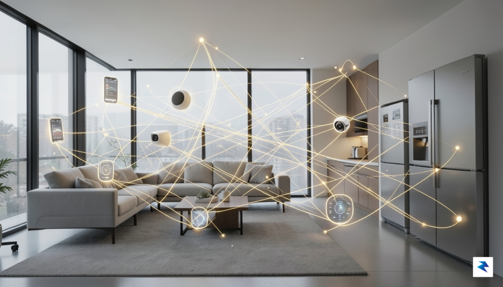 A conceptual digital illustration showing a glowing, multi-layered signal network…