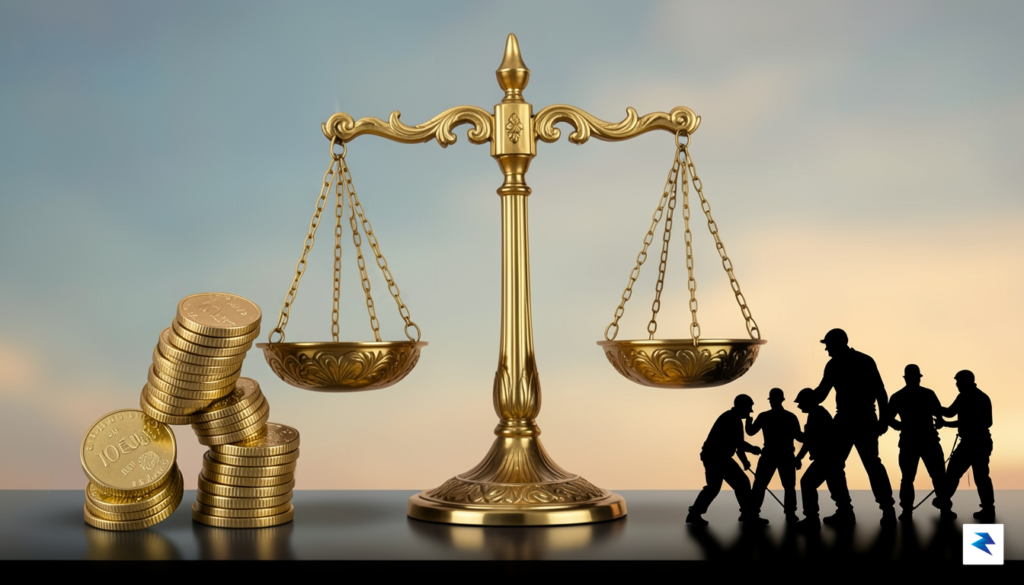 A conceptual digital illustration showing a classic gold-plated scale weighing…