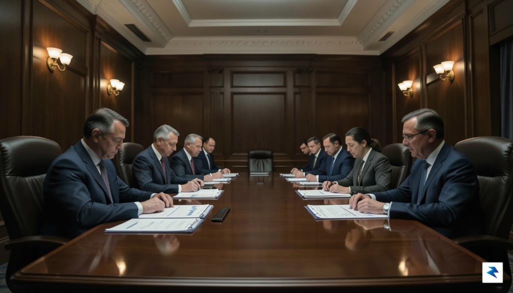 A professional photograph of a dimly lit, high-ceilinged boardroom in…