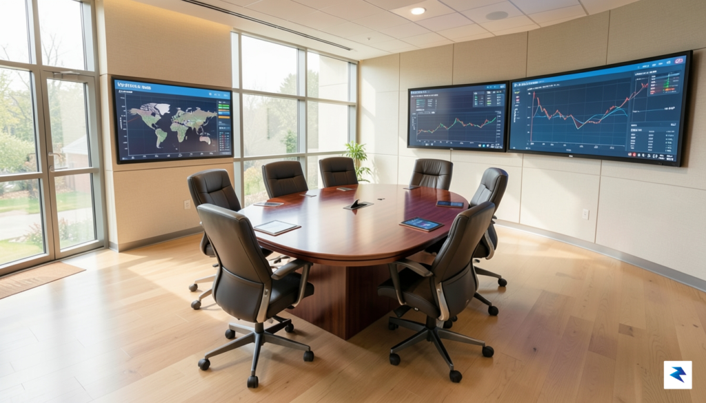 A professional, high-angle view of a modern Federal Reserve boardroom…