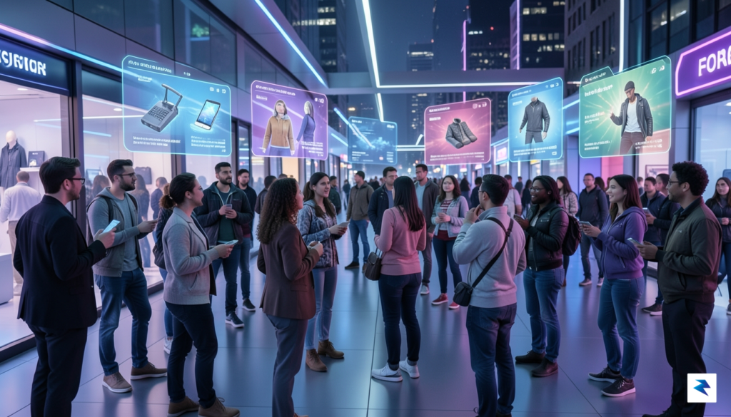 A dynamic, futuristic scene showing a diverse group of people…
