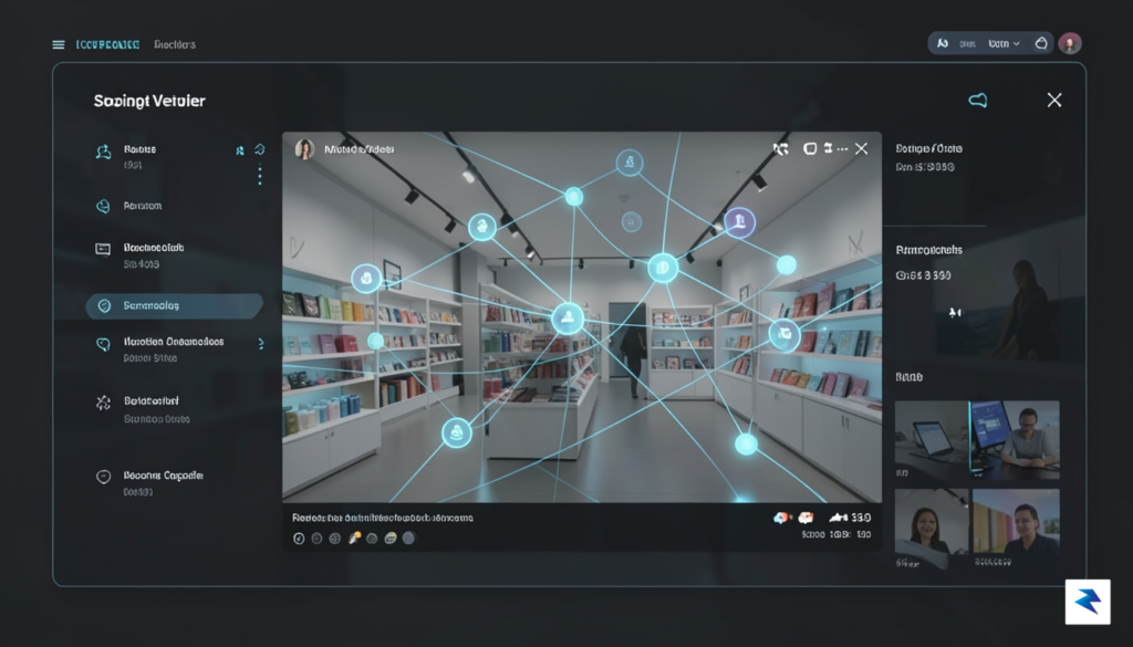 A sleek, futuristic digital interface overlaying a live video shopping…