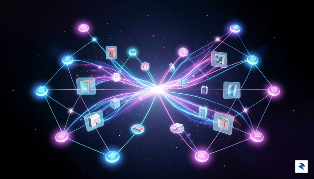A conceptual digital visualization of a vibrant, interconnected live-shopping ecosystem…