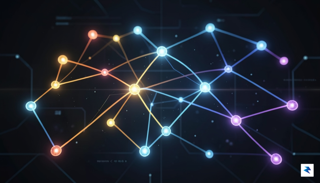 A conceptual digital visualization showing a network of glowing data…