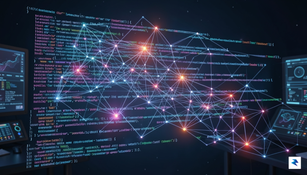 A digital visualization of a neural network overlaying lines of…
