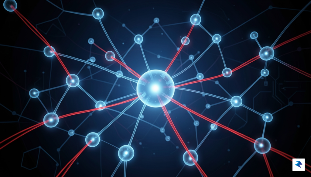 A digital illustration depicting a glowing, abstract network of interconnected…