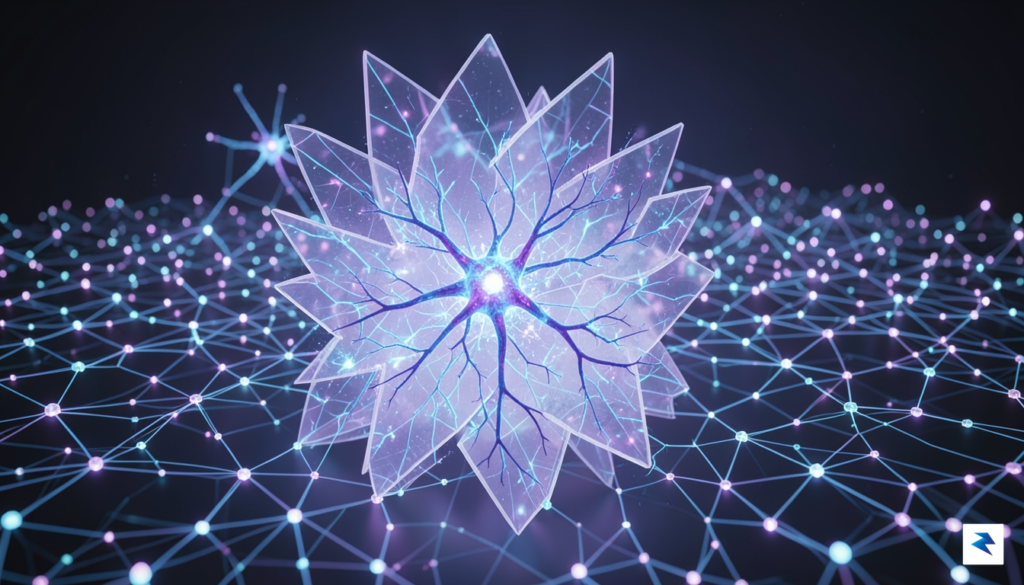 A conceptual digital visualization showing a glowing neural network structure…