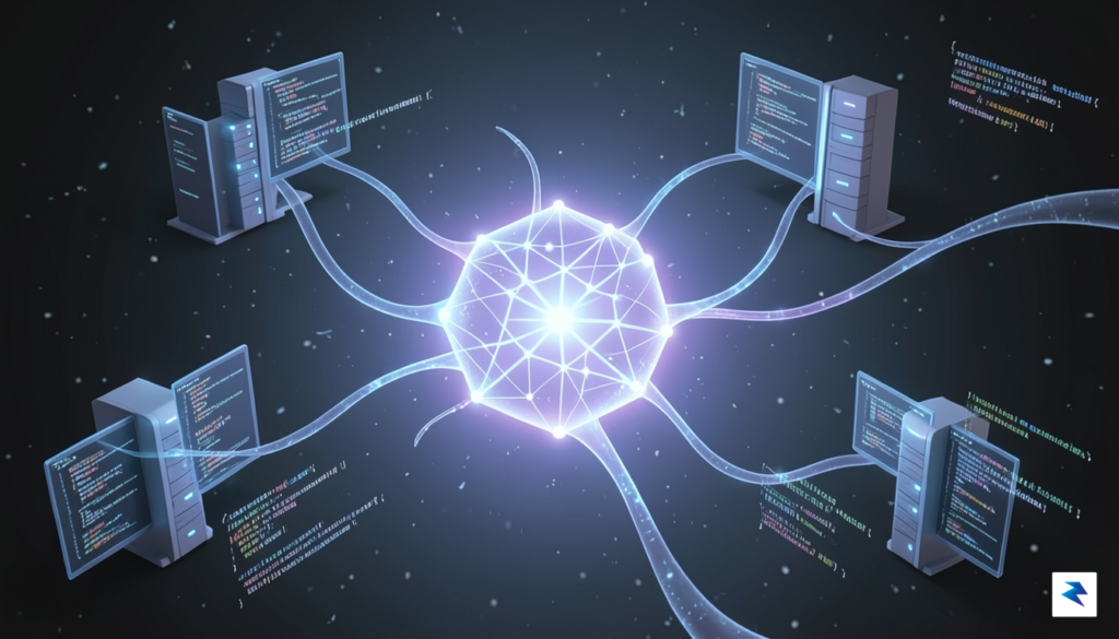 A conceptual digital illustration showing a glowing, translucent AI neural…