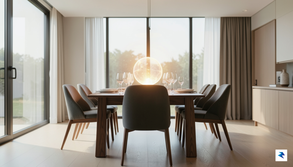 A wide-angle, cinematic shot of a modern living room where&hellip;
