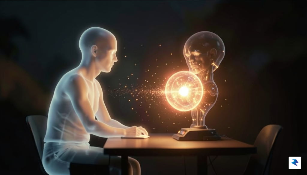 A conceptual digital art piece showing a glowing, translucent human&hellip;