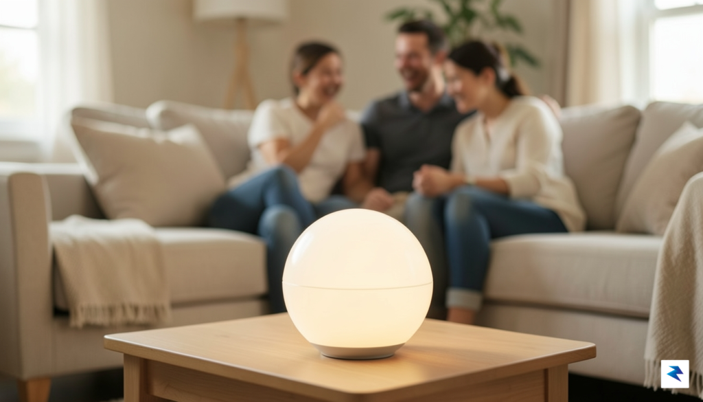 A warm, soft-focus living room scene featuring a glowing, minimalist&hellip;