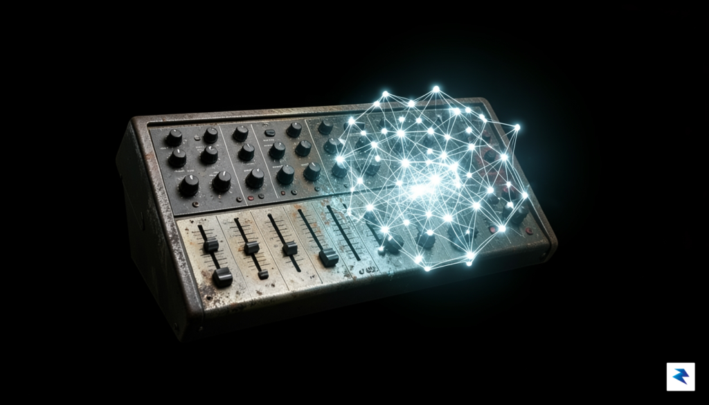 A surreal, high-contrast illustration showing a vintage analog mixing board…