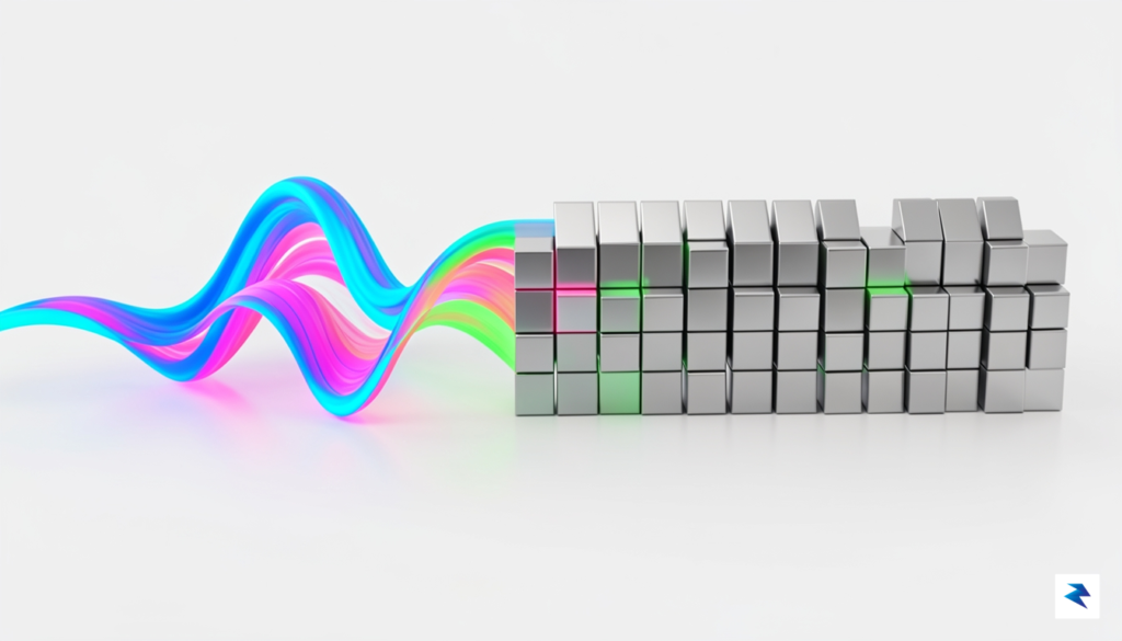 A conceptual digital art piece showing a vibrant, human-made sound…