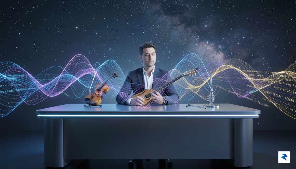 A conceptual, high-resolution digital art piece showing a musician sitting…