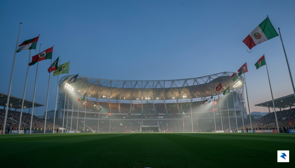 A wide-angle, cinematic shot of a massive, illuminated World Cup…